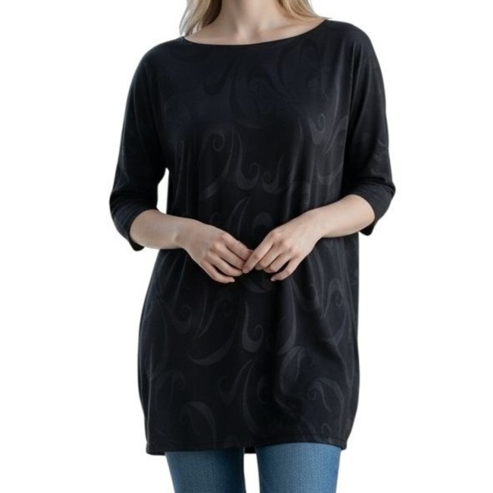 Chicos Travelers‎ Dark Blue Swirl Pattern High Low 3/4 Sleeve Tunic Dress S 1